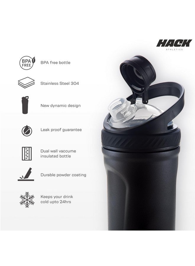 Hack Athletics Hack Athletics Premium Stainless Steel Insulated Shaker Bottles for Gym, Protein Shaker, Pre Workout Bottle, Water Bottle for Men and Women, BPA Free Material 100% Leakproof | 709ML (Black)  - Image 2