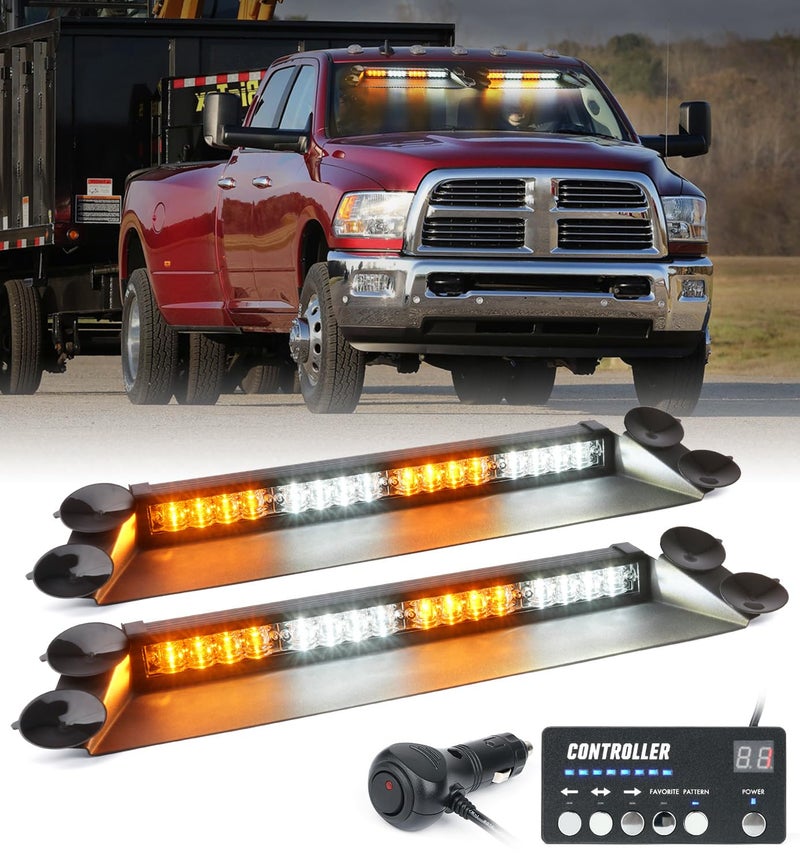 LUMENIX LED Emergency Dash Strobe Lights Bar wController Windshield Visor Safety Warning Traffic Caution Lightbar Deck Split Flashing Light for Construction Vehicles Work Trucks Pickup White Amber