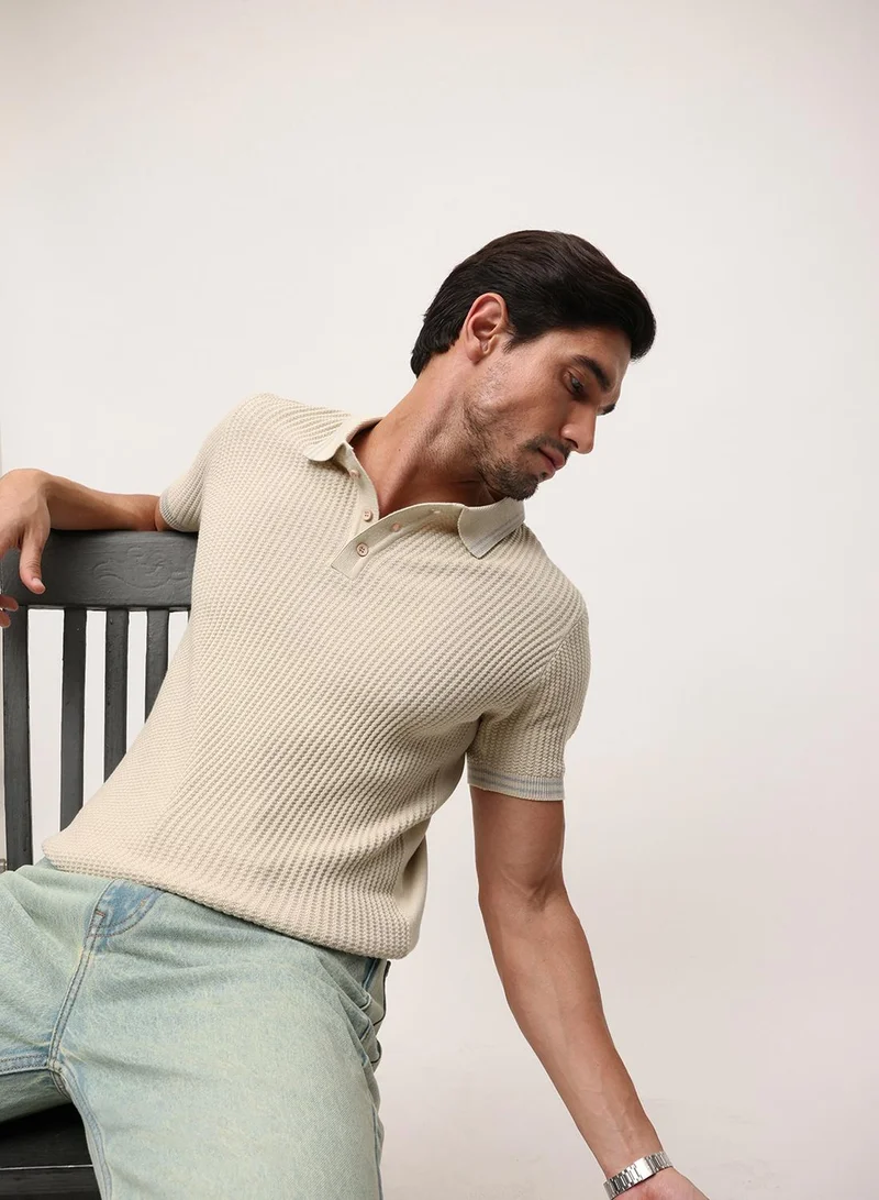 Dennis Lingo Cream 100% Cotton Textured Relaxed Polo T-Shirt For Men