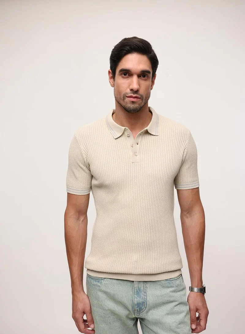 Dennis Lingo Cream 100% Cotton Textured Relaxed Polo T-Shirt For Men