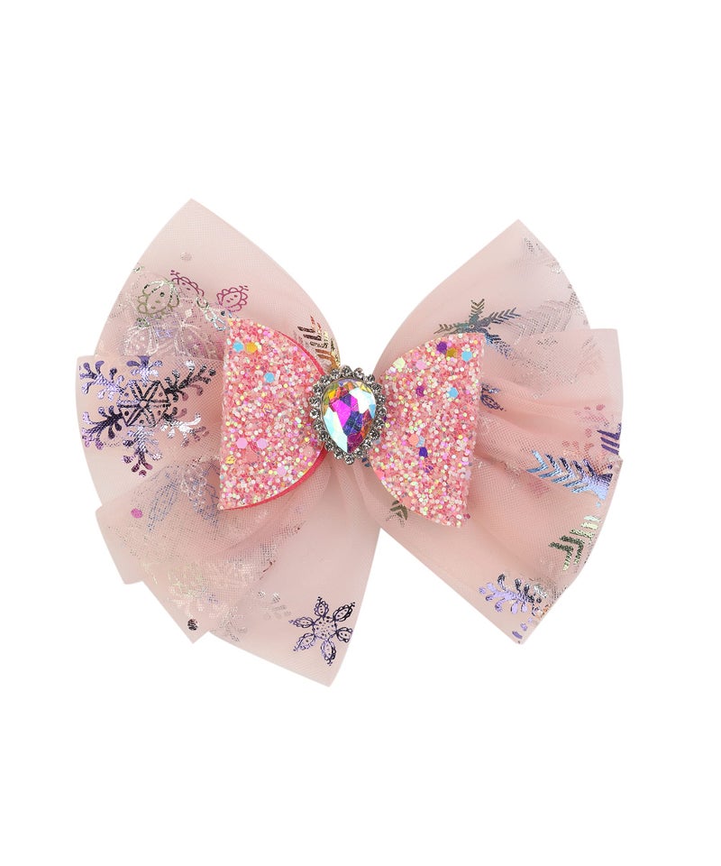 Yellow Bee Bow Shimmer Hair Clips Embellished with Net and Stone for Girls, Pink, One Size - Image 4