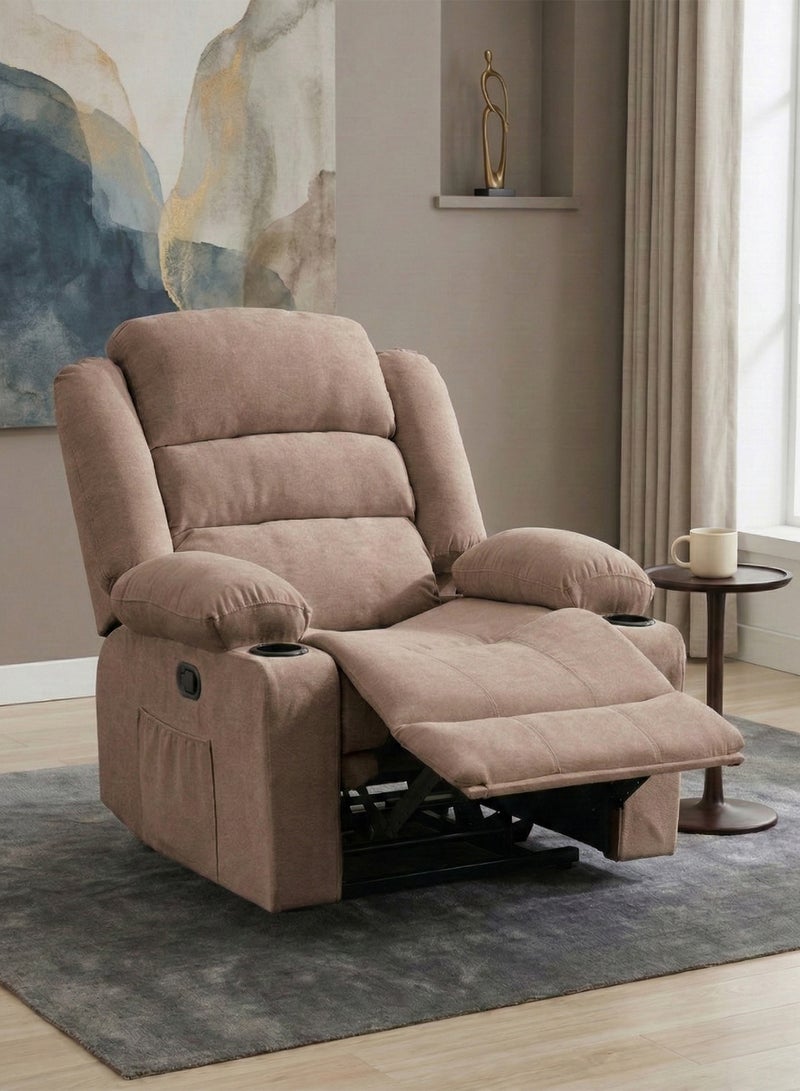 M-Smart Velvet fabric Fixed Recliner Chair for Living Room - Ergonomic Lazy Chair with Dual Cup Holder & Side Pocket for Long Seating, Reading, Watching TV and Napping, 100x86x89cm - Brown - Image 1