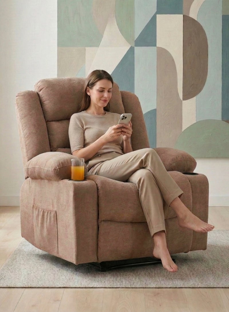 M-Smart Velvet fabric Fixed Recliner Chair for Living Room - Ergonomic Lazy Chair with Dual Cup Holder & Side Pocket for Long Seating, Reading, Watching TV and Napping, 100x86x89cm - Brown - Image 4