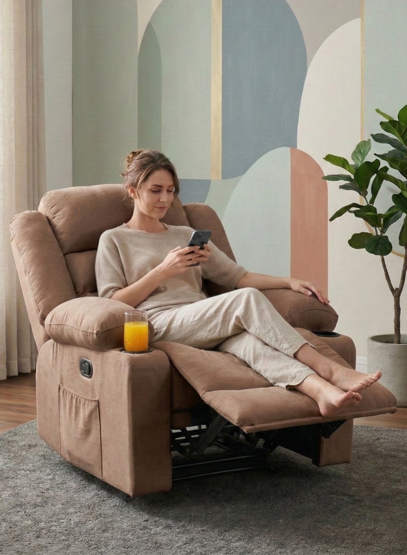 M-Smart Velvet fabric Fixed Recliner Chair for Living Room - Ergonomic Lazy Chair with Dual Cup Holder & Side Pocket for Long Seating, Reading, Watching TV and Napping, 100x86x89cm - Brown - Image 5
