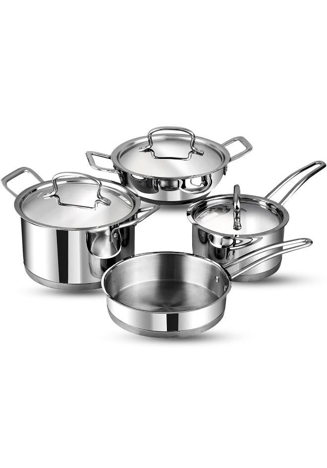 Vinod Classic Deluxe Stainless Steel Cookware Combo Set, 7Pcs |Saucepan(16cm/2.1 Litre)with Lid, Saucepot(20 cm/3.8 L), Kadai with Lid(20cm/1.8 L) & Frypan(20cm)|SAS Bottom|Induction & GasStove Friendly