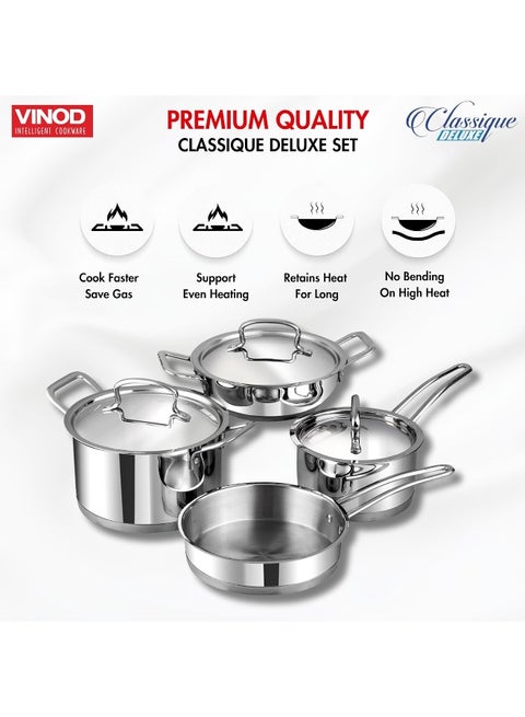 Vinod Stainless Steel Cookware Set Acciaio Inox 7 Pezzi Padella 2 pentole con Coperchio in Vetro, Inossidabile 18/8, Argento