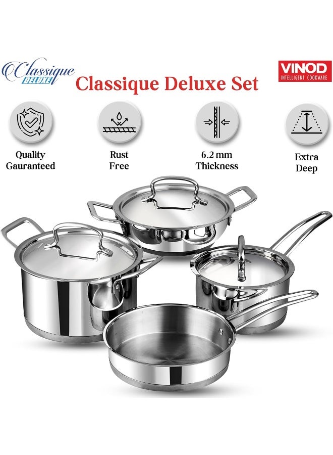 Vinod Classic Deluxe Stainless Steel Cookware Combo Set, 7Pcs |Saucepan(16cm/2.1 Litre)with Lid, Saucepot(20 cm/3.8 L), Kadai with Lid(20cm/1.8 L) & Frypan(20cm)|SAS Bottom|Induction & GasStove Friendly - Image 3