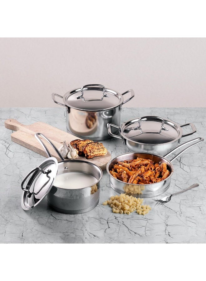 Vinod Classic Deluxe Stainless Steel Cookware Combo Set, 7Pcs |Saucepan(16cm/2.1 Litre)with Lid, Saucepot(20 cm/3.8 L), Kadai with Lid(20cm/1.8 L) & Frypan(20cm)|SAS Bottom|Induction & GasStove Friendly - Image 2