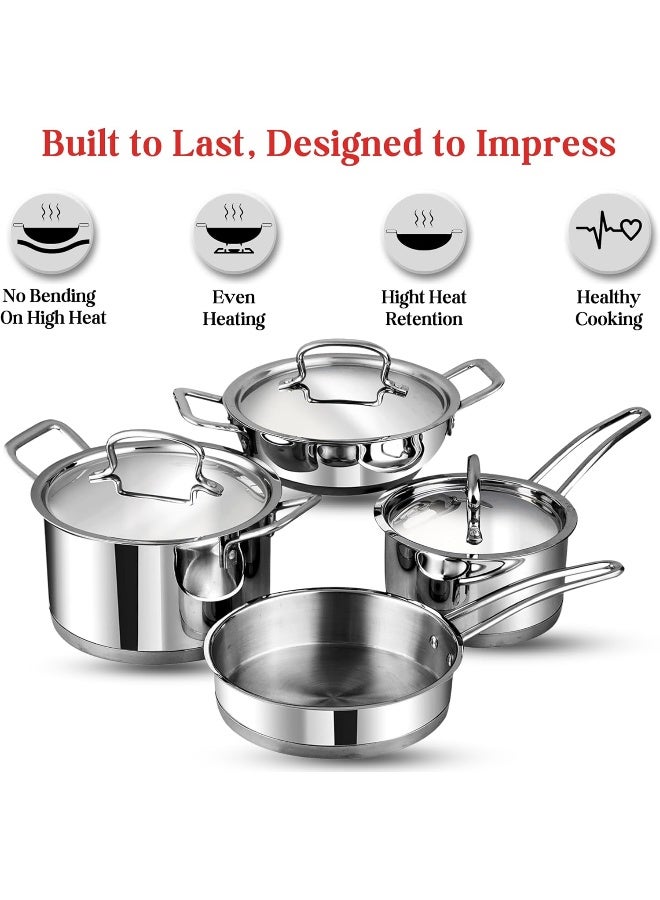 Vinod Classic Deluxe Stainless Steel Cookware Combo Set, 7Pcs |Saucepan(16cm/2.1 Litre)with Lid, Saucepot(20 cm/3.8 L), Kadai with Lid(20cm/1.8 L) & Frypan(20cm)|SAS Bottom|Induction & GasStove Friendly - Image 4