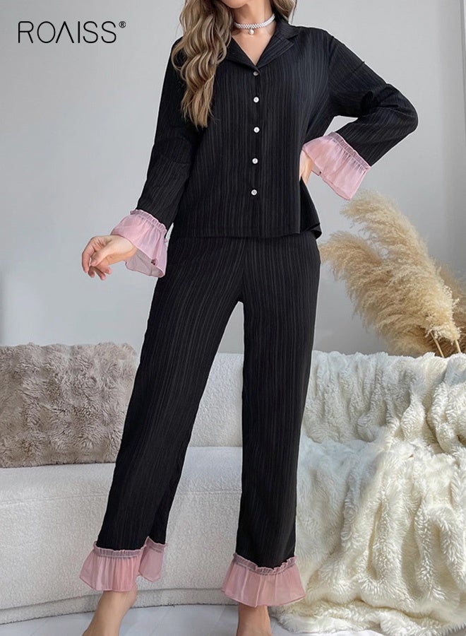 roaiss Plus Size Color-Blocked Ruffle Trim Jacquard Pajama Set Long Sleeve Luxury Loungewear with Elegant Design, Soft Fabric for Comfortable Sleep and Relaxation, Machine Washable - Image 3