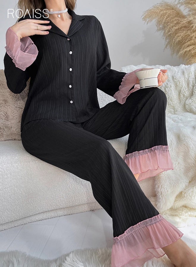 roaiss Plus Size Color-Blocked Ruffle Trim Jacquard Pajama Set Long Sleeve Luxury Loungewear with Elegant Design, Soft Fabric for Comfortable Sleep and Relaxation, Machine Washable - Image 1