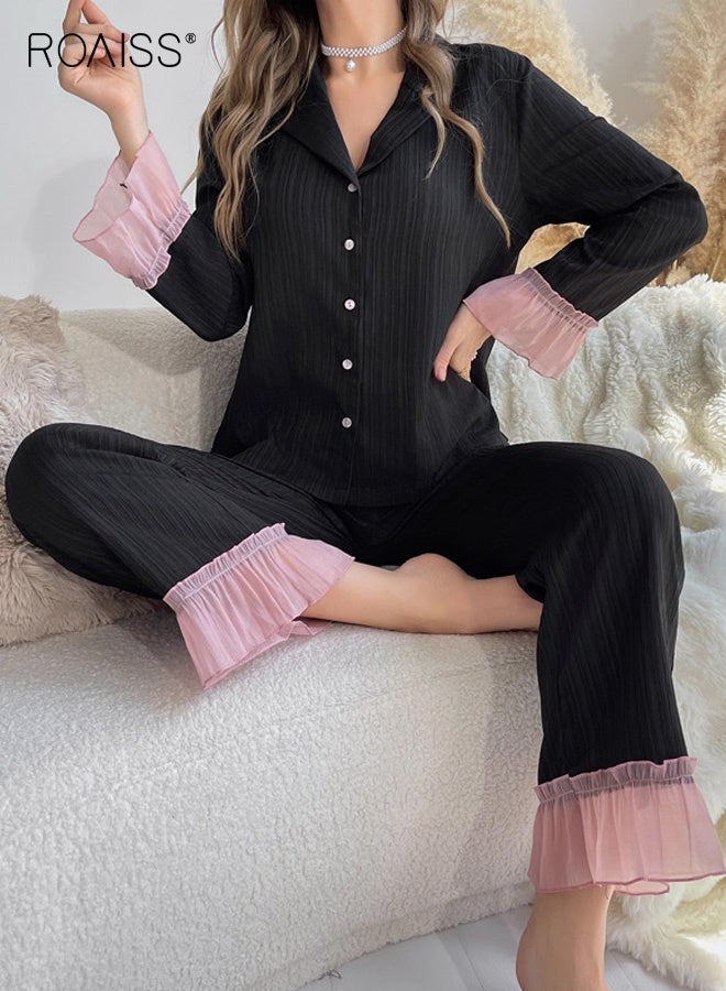 roaiss Plus Size Color-Blocked Ruffle Trim Jacquard Pajama Set Long Sleeve Luxury Loungewear with Elegant Design, Soft Fabric for Comfortable Sleep and Relaxation, Machine Washable - Image 2