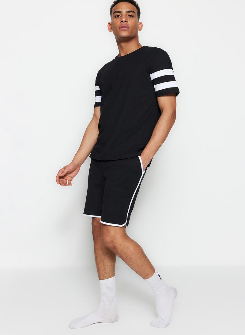 Trendyol Man Black Regular Fit Crew Neck Pajama Set with Striped Shorts - Image 1
