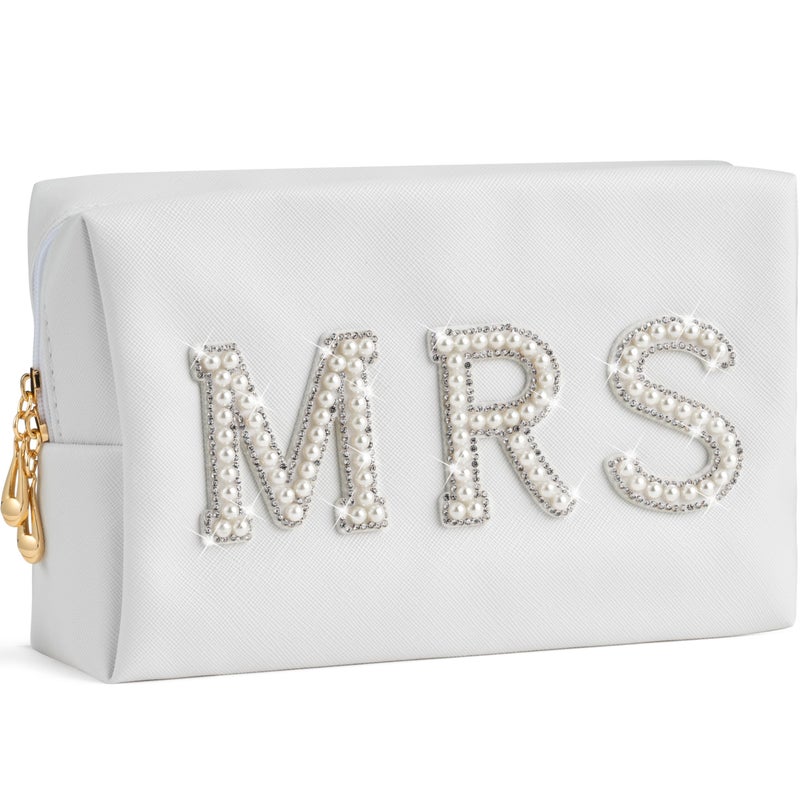 Y1tvei Bride Makeup Bag, Bridal Cosmetic Bag, Fiance Gifts for Women, Engagement Gift Basket for Her Bridal Shower, Mrs Bling Rhinestone Patches Wedding Purse, PU Leather Travel Toiletry Bag - Image 1