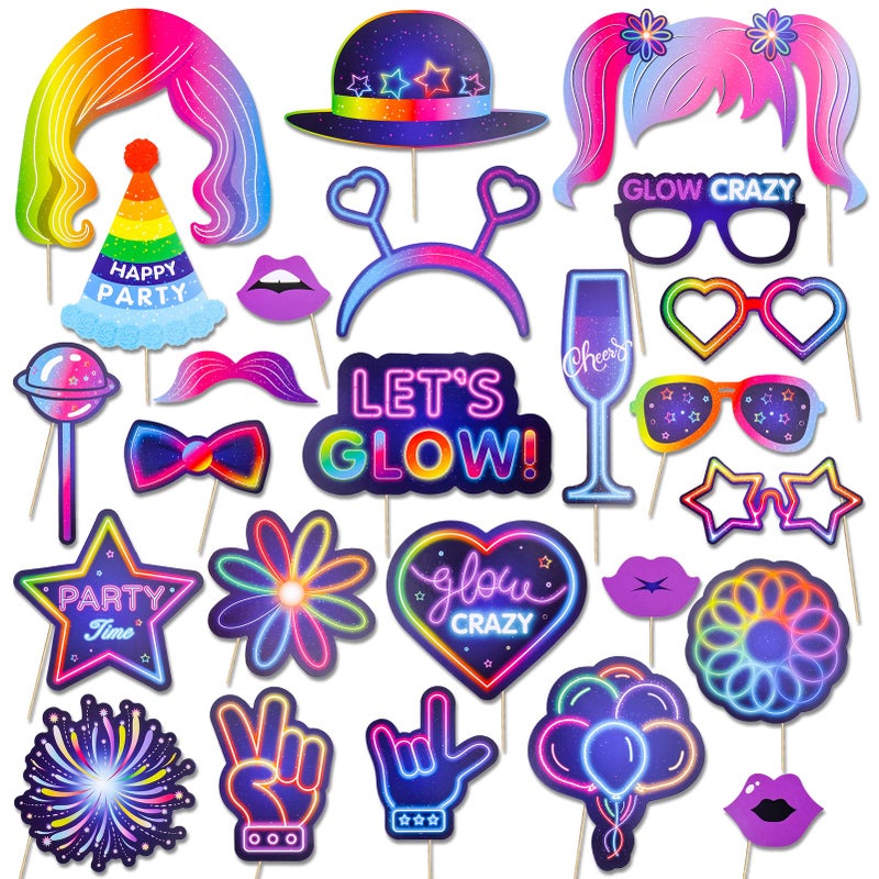 Qpout 25 Pieces Glow Party Photo Props Neon Party Photo Booth Props Fluorescent Selfie Props Glow in The Dark Party Photo Props Posing Props Bar Decoration
