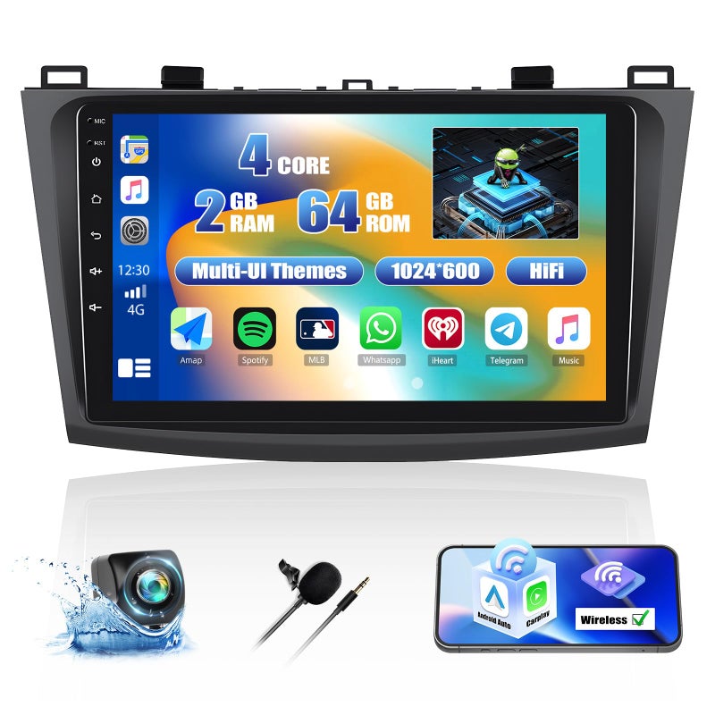 AMprime [2+64G] Android 13 Car Stereo for Mazda 3 2009-2013 with Wireless Carplay&Android Auto,9 Inch Car Radio Touch Screen Car Audio with GPS WiFi Bluetooth FM/RDS Radio Backup Camera SWC Dual USB/AUX-in - Image 1