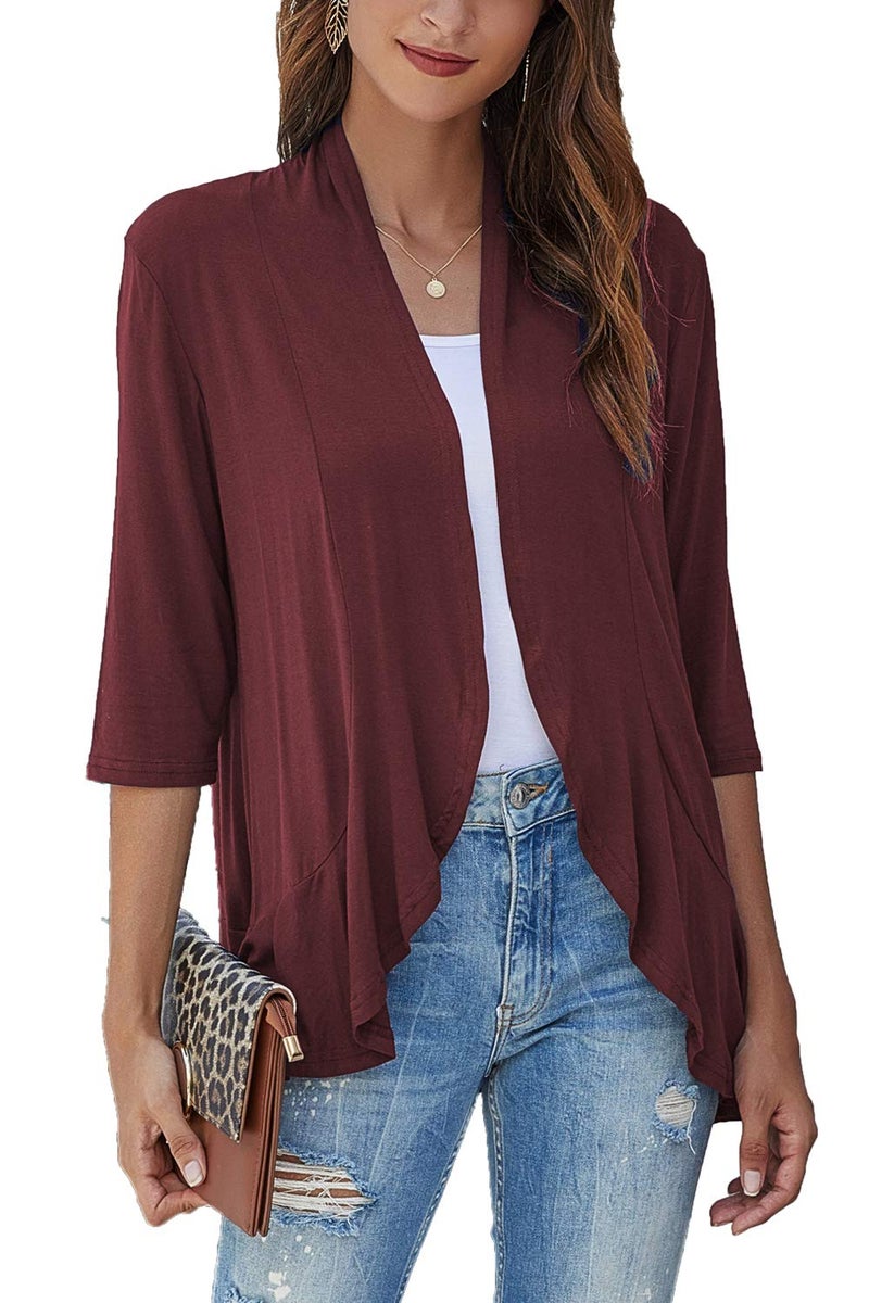 Bluetime Women Casual Lightweight Open Front Cardigans Soft Draped Ruffles 3/4 Sleeve Cardigan (XXXL, Wine Red) - Image 1