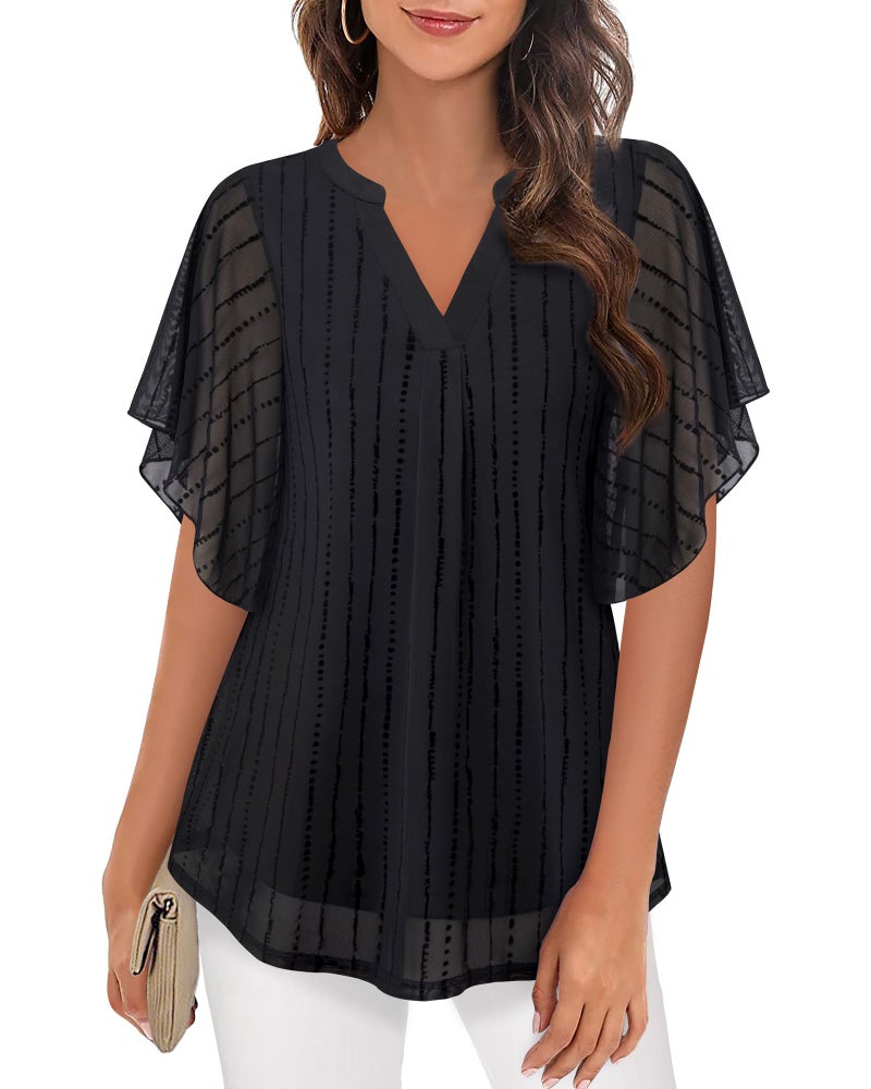 Timeson Womens Blouses for Work Professional,Ladies Summer Tops and Blouses Trendy 2024 Elegant Dress Shirts for Office No Iron Business Casual Outfits Fancy Tunics Modlily Sheer Tops Black Stripe XL - Image 1