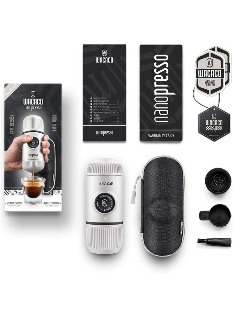 واكاكو ماكينة صنع الاسبريسو المحمولة نانوبريسو من واكاكو مع حافظة واقية، نسخة مطورة من مينيبريسو، ماكينة قهوة صغيرة للسفر، مثالية للتخييم والسفر والمكتب (عناصر جديدة باللون الأبيض البارد) - Image 1