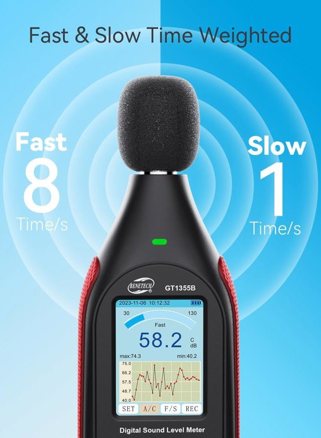 Benetech Decibel Meter, Sound & Noise Decibel Level Reader Monitor, SPL Meter 30dB to 130dB(A) with Record, Visual Alarm, A/C Weighted, Rechargeable for Home, Classroom (GT1355B) - Image 3