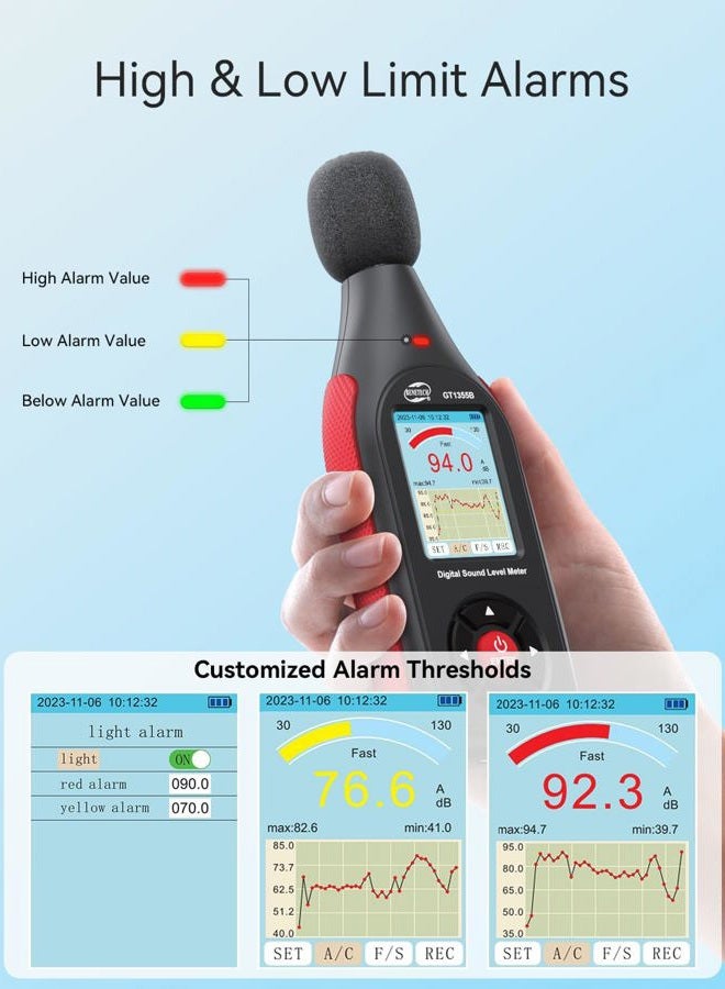Benetech Decibel Meter, Sound & Noise Decibel Level Reader Monitor, SPL Meter 30dB to 130dB(A) with Record, Visual Alarm, A/C Weighted, Rechargeable for Home, Classroom (GT1355B) - Image 4