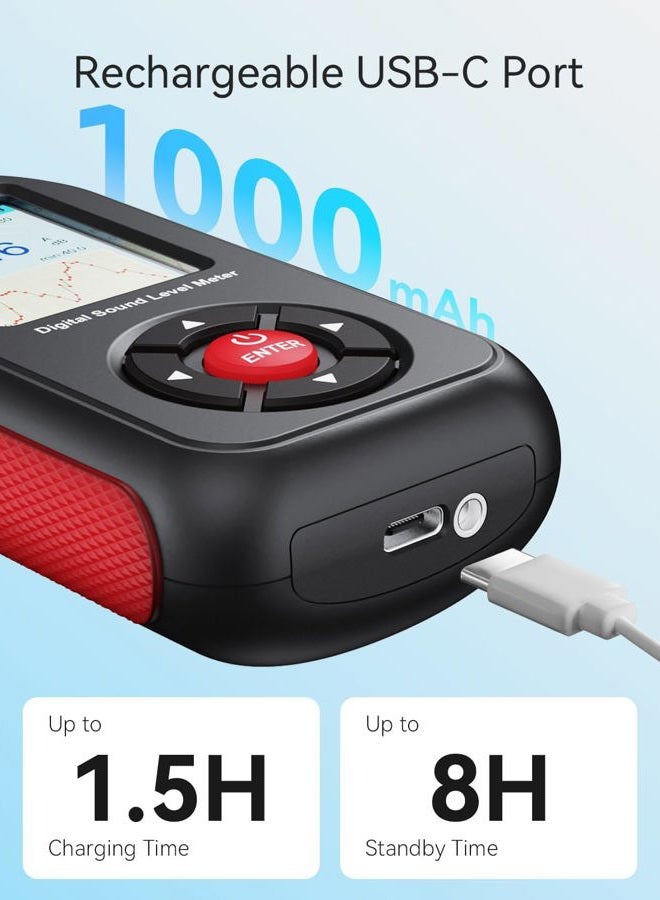 Benetech Decibel Meter, Sound & Noise Decibel Level Reader Monitor, SPL Meter 30dB to 130dB(A) with Record, Visual Alarm, A/C Weighted, Rechargeable for Home, Classroom (GT1355B) - Image 5