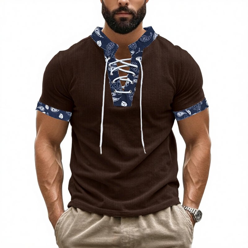 Men's Corduroy V-Neck Short Sleeve T-Shirt with Drawstring - Image 4