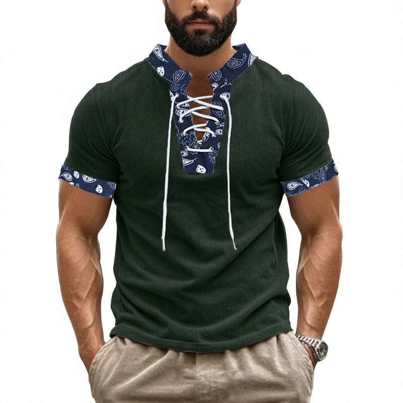 Men's Corduroy V-Neck Short Sleeve T-Shirt with Drawstring - Image 3