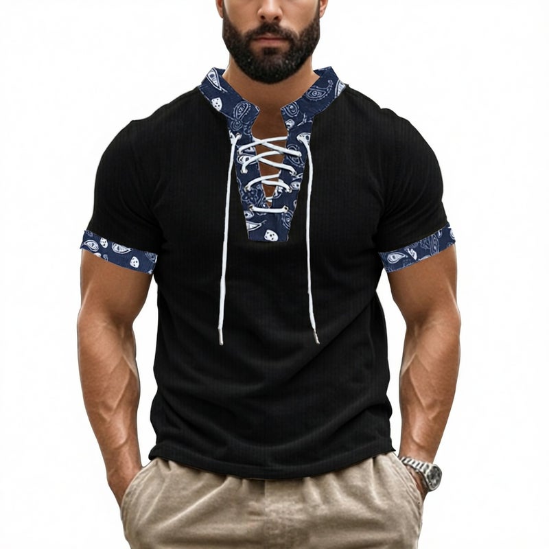 Men's Corduroy V-Neck Short Sleeve T-Shirt with Drawstring - Image 2