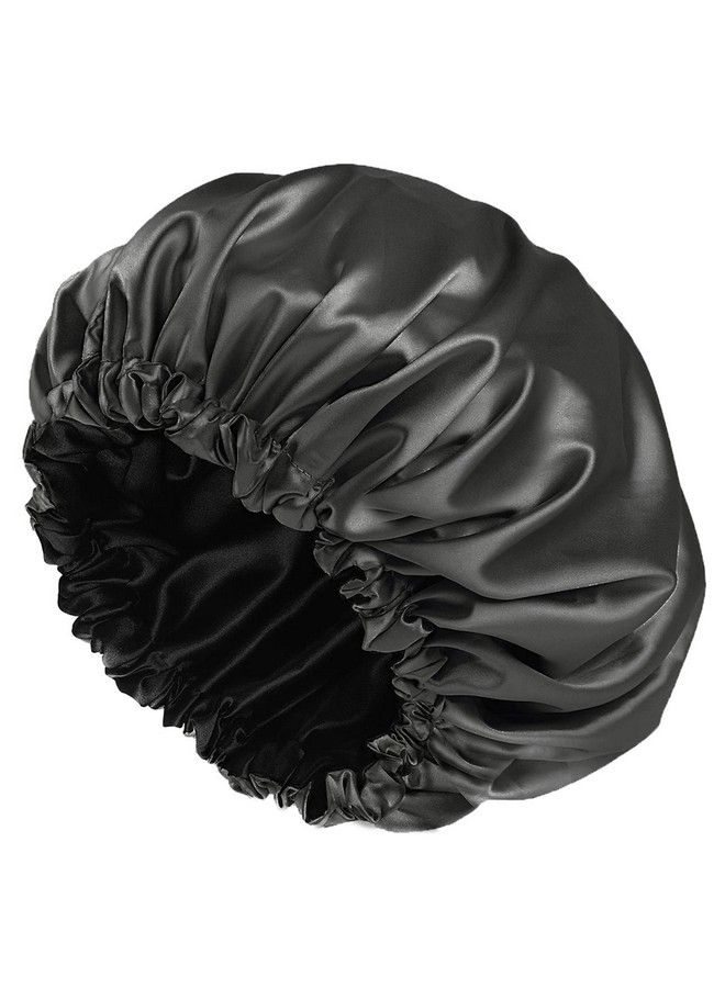 Amamba Lined Shower Capdouble Layer Satin Fabricadjustable Size Washable & Breathablewaterproof，Reusablehair Shower Cap For Womenblack - Image 2