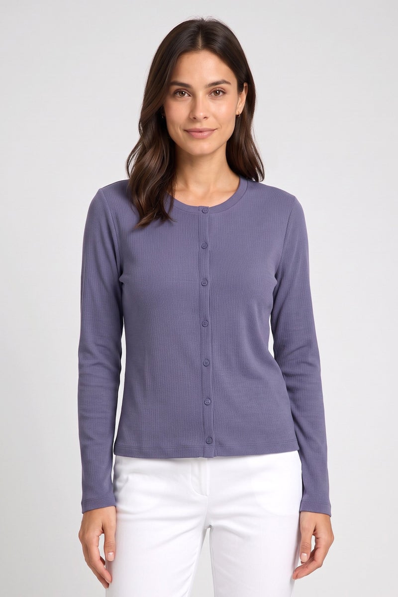 Threadbare Women Ribbed Round Neck Long Sleeve Cardigan, Blue - Image 1