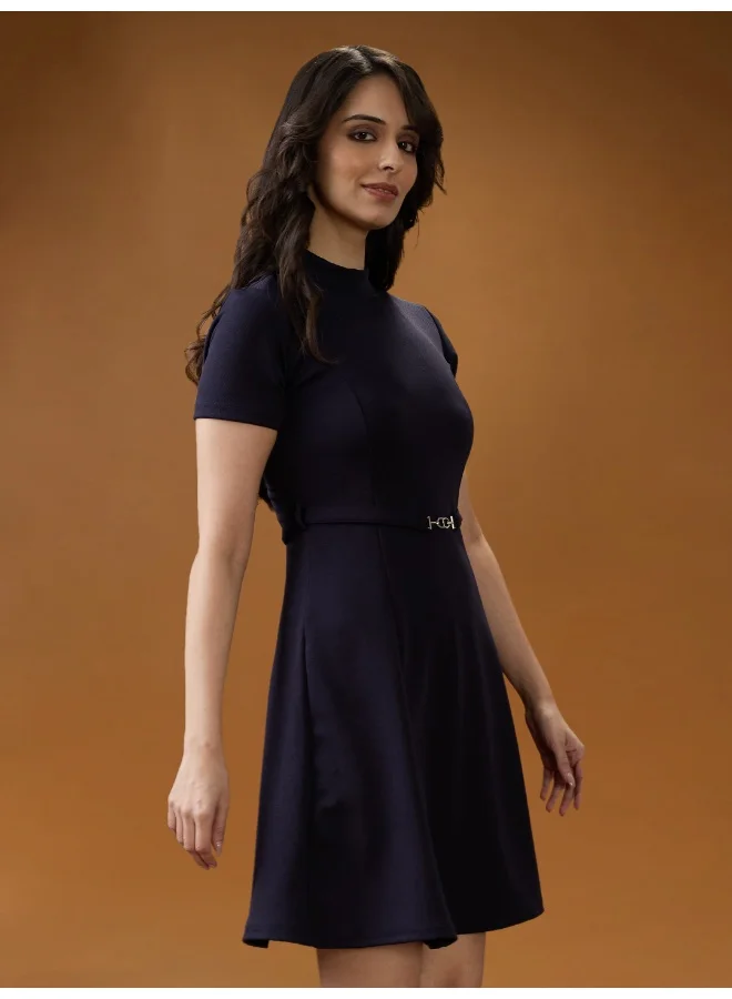 globus Globus Women Navy Blue High Neck Short Sleeves Solid Mini Belted A-Line Workwear Dress