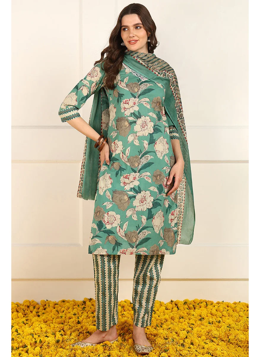 زيري سوق Green Pure Cotton Floral Printed Straight 3-Piece Kurta Set