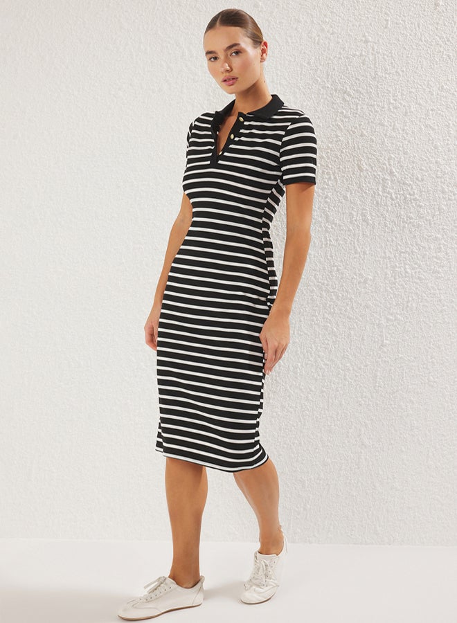 trendyol Black Striped Polo Neck Midi Stretchy Knitted Dress - Image 2