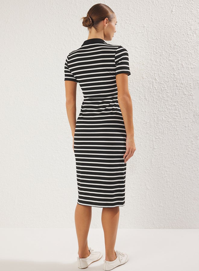 trendyol Black Striped Polo Neck Midi Stretchy Knitted Dress - Image 4