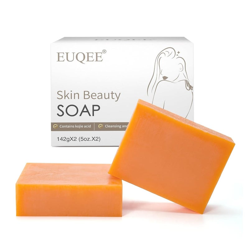 EUQEE Kojic Acid Papain Soap, 5 oz x 2 Counts Soap Bars with Turmeric, Papain, Sorbitol, Glycerin, Skin Beauty Reduce Dark Spot for Face & Body, with a Foaming Net (142g x 2 Bars)