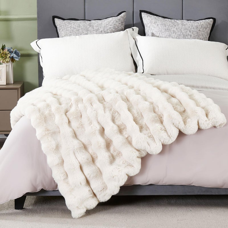DREAMNINE Decorative Soft Bubble Fuzzy Faux Rabbit Fur Throw Blanket for Couch 50 x 60Reversible Thick Plush Warm Fluffy Blankets for Winter Luxury Cute Cozy Comfy Shaggy Furry BlanketCream White