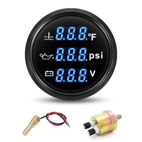 ARTILAURA Triple Gauge Set 3in1 (Oil Pressure+ Water Temperature + Voltmeter) 2" 52mm Blue Backlight AUTO Boat Gauge Kit with Sensor (Black) - Image 1