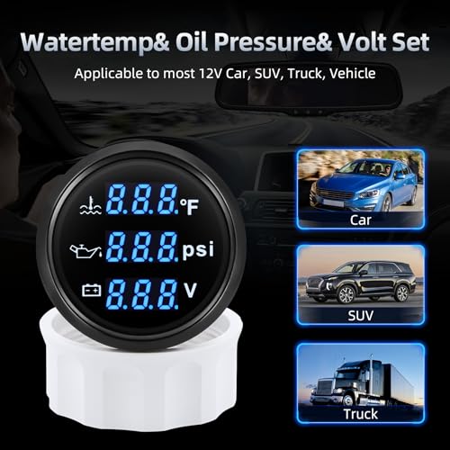 ARTILAURA Triple Gauge Set 3in1 (Oil Pressure+ Water Temperature + Voltmeter) 2" 52mm Blue Backlight AUTO Boat Gauge Kit with Sensor (Black) - Image 5
