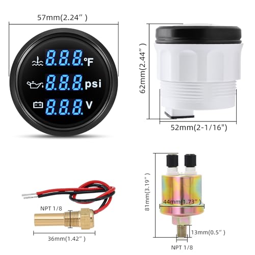 ARTILAURA Triple Gauge Set 3in1 (Oil Pressure+ Water Temperature + Voltmeter) 2" 52mm Blue Backlight AUTO Boat Gauge Kit with Sensor (Black) - Image 3