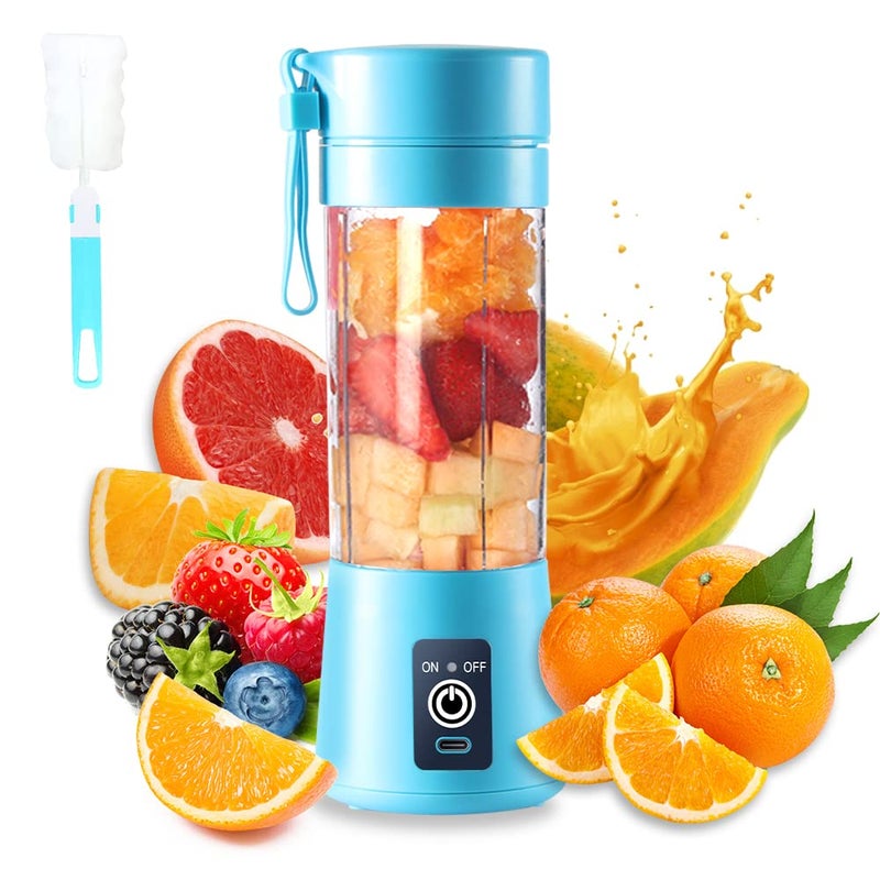 DoubleCare Portable Electric USB Juicer Blender Cup Mini Blender for Shakes Smoothies Juice 380ml Six Blades Blue