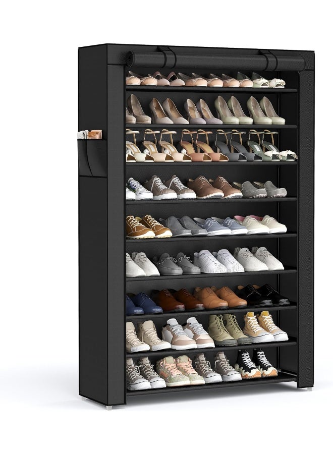 SONGMICS 10-Tier Shoes Rack with Dustproof Cover, 28 x 88 x 160 cm, Shoe Storage Cabinet, Shoe Organiser, Shoe Stand Holds 40-50 Pairs of Shoes, for Living Room, Hallway, Black - Image 1