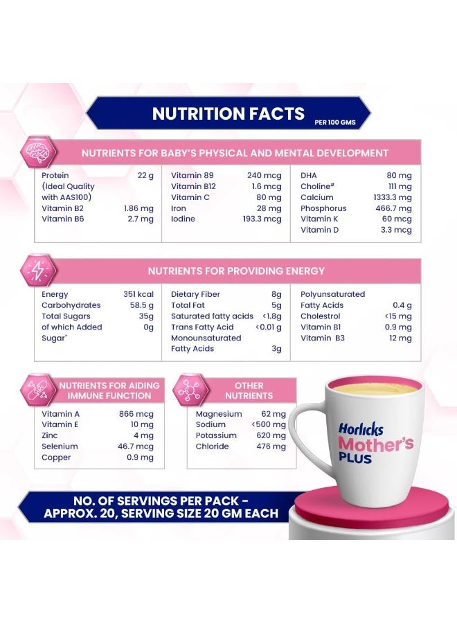 Horlicks Mother's Plus Kesar 400 g BIB, For Pregnancy and Lactation with Protein for Birth Weight and DHA for Brain Development- No Added Sugar - Image 3