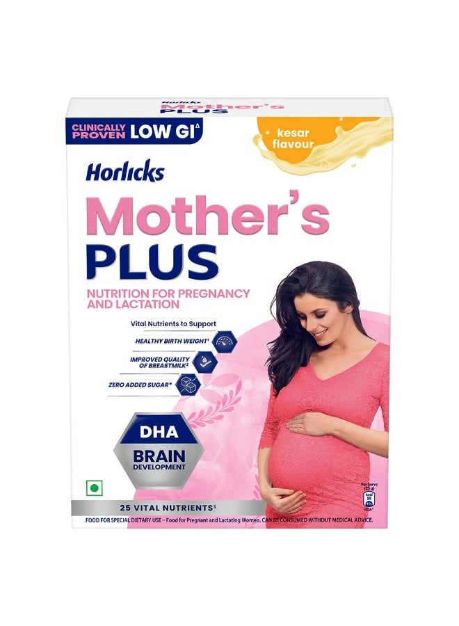 Horlicks Mother's Plus Kesar 400 g BIB, For Pregnancy and Lactation with Protein for Birth Weight and DHA for Brain Development- No Added Sugar - Image 1