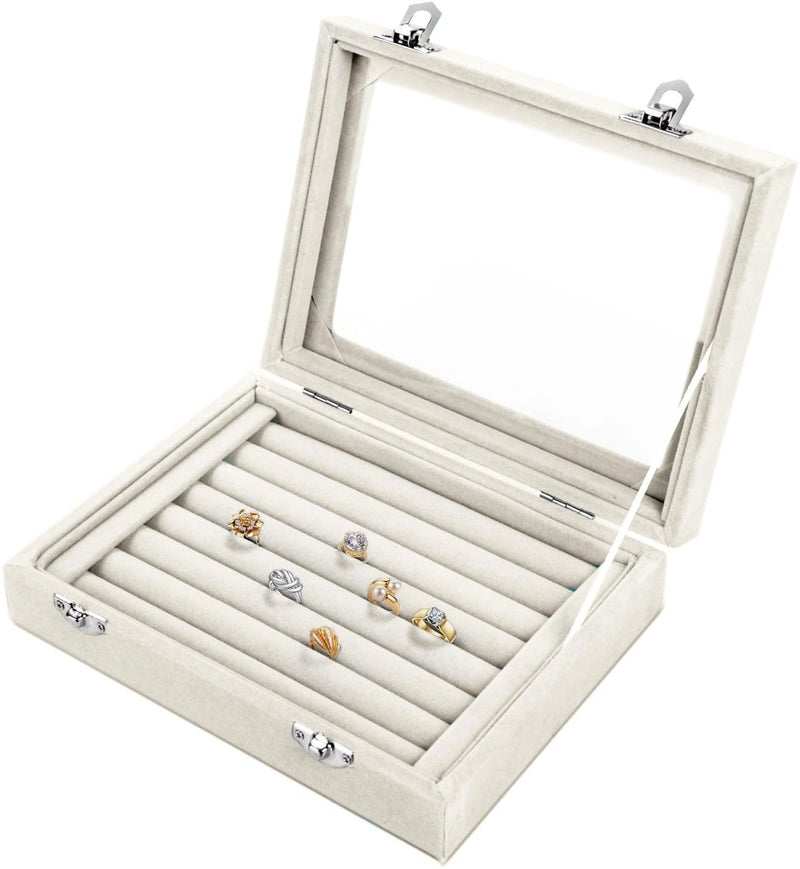 EONGOA Jewelry Box Rings Organizer Tray 7 Slots Velvet Jewelry Earring Storage Box With Transparent Lid Jewelry Display Case for Girls Women (Beige) - Image 1