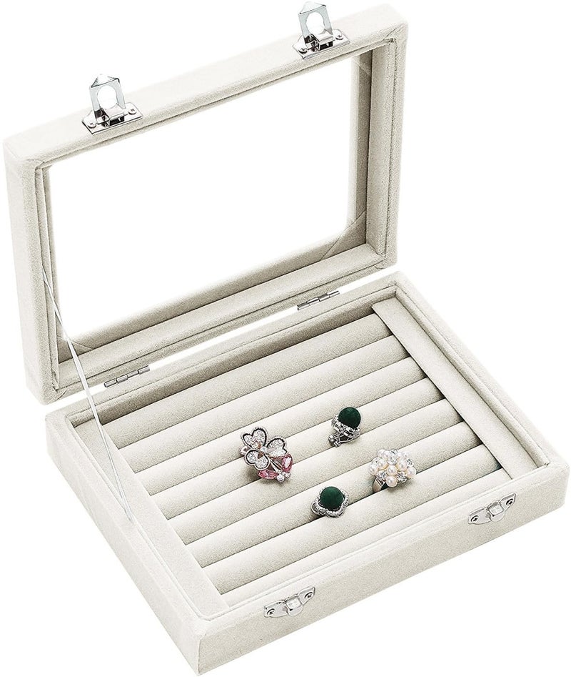 EONGOA Jewelry Box Rings Organizer Tray 7 Slots Velvet Jewelry Earring Storage Box With Transparent Lid Jewelry Display Case for Girls Women (Beige) - Image 3