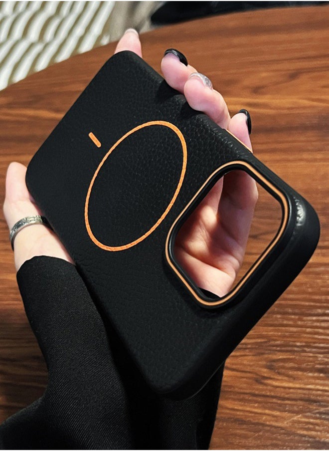 Magsafe Phone Case For iPhone 11 Pro Max With High Quality Rubber Frame And Slim Lychee Pattern Leather Case with Camera Lens Protection Shockproof Cover And support wireless Charging Leather Cover for iPhone 11 Pro Max - Black