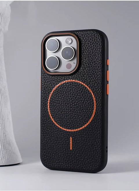 Magsafe Phone Case For iPhone 11 Pro Max With High Quality Rubber Frame And Slim Lychee Pattern Leather Case with Camera Lens Protection Shockproof Cover And support wireless Charging Leather Cover for iPhone 11 Pro Max - Black