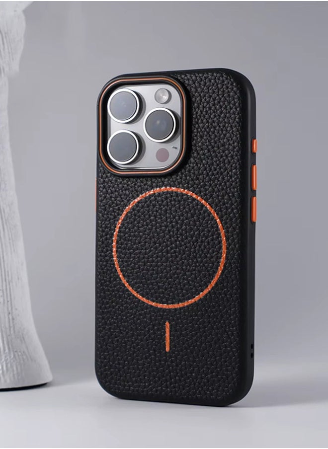 Magsafe Phone Case For iPhone 11 Pro Max With High Quality Rubber Frame And Slim Lychee Pattern Leather Case with Camera Lens Protection Shockproof Cover And support wireless Charging Leather Cover for iPhone 11 Pro Max - Black