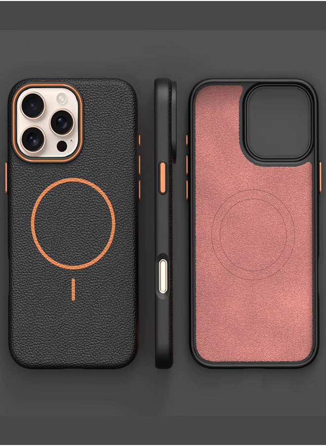Magsafe Phone Case For iPhone 11 Pro Max With High Quality Rubber Frame And Slim Lychee Pattern Leather Case with Camera Lens Protection Shockproof Cover And support wireless Charging Leather Cover for iPhone 11 Pro Max - Black